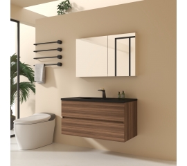 Edith 40" Wall-Mount Bathroom Vanity , Walnut, Black TopEdith 40" Wall-Mount Bathroom Vanity , Walnut, Black Top