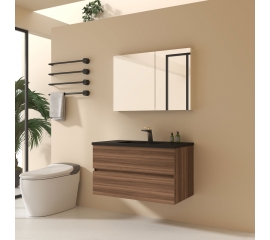 Edith 36" Wall-Mount Bathroom Vanity , Walnut, Black Top