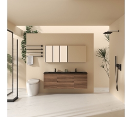 Edith 60" Wall-Mount Bathroom Double Vanity , Walnut, Black Top