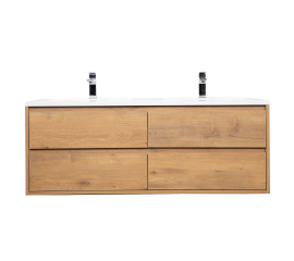 Bradford 54 Inch Contemporary Double Sink Wall Mounted Bathroom Vanity, Natural Oak