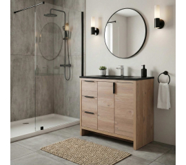 Evan 35.5" Modern Bathroom Vanity Red Oak, Black Top