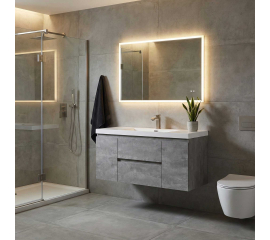 Side view of Angela 48 inch cement grey floating vanity with white