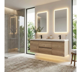 Angela 60" Wall Mounted Double Sink Vanity, Red Oak