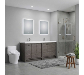 84-inch modern free-standing double bathroom vanity in grey with two sinks and a rectangular mirror