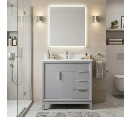 36" Single Solid Wood Bathroom Vanity with White Quartz Top, Slate Grey GK-E36-SG