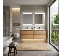 Bradford 54 Inch Contemporary Double Sink Wall Mounted Bathroom Vanity, Natural Oak