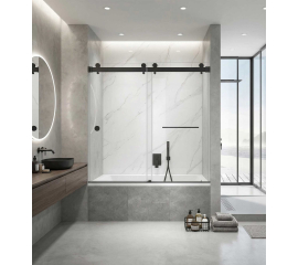 Sorene Frameless Double Sliding Bathtub Door, W60" x H66", Black, 3/8" Ultra Clear Low Iron Glass,Soft Closing