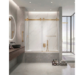 Sorene Frameless Double Sliding Bathtub Door, W60" x H66", Satin Gold, 3/8" Ultra Clear Low Iron Glass,Soft Closing