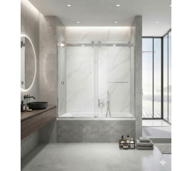 Sorene Frameless Double Sliding Bathtub Door, W60" x H66", Chrome, 3/8" Ultra Clear Low Iron Glass,Soft Closing
