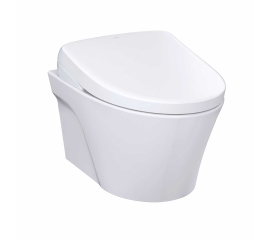 TOTO AP Wall-Hung 0.9 / 1.28 GPF Dual Flush Elongated Chair Height Toilet with Washlet+ S7 Bidet Seat in Cotton White, Duo-Fit Tank System, and Matte Silver Push Plate Flush
