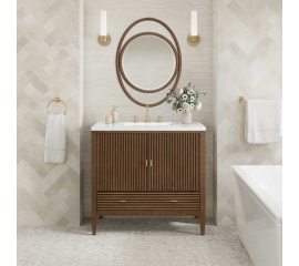 James Martin Vanities Myrrin 36" Single Basin Wood Vanity Set with 3cm White Zeus Silestone Quartz Vanity Top, Rectangular Sink and Electrical Outlet - 8" Faucet Centers