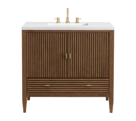 James Martin Vanities Myrrin 36" Single Basin Wood Vanity Set with 3cm White Zeus Silestone Quartz Vanity Top, Rectangular Sink and Electrical Outlet - 8" Faucet Centers