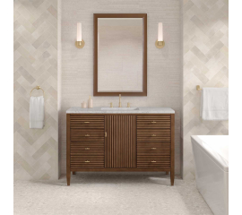 Includes Eternal Jasmine Pearl quartz vanity top and rectangular sink (may not be pictured on main image)

Included Components:

Covered under James Martin Vanities' 1 year limited warranty
Ash, poplar and walnut vanity cabinet with 1 door, 6 drawers and 1 shelf
Silestone quartz vanity top with 1 rectangular porcelain sink
Cabinet Features:

Constructed with a solid wood frame and plywood panels
One 120-volt UL rated electric outlet with USB ports and bamboo organizer included
Includes one soft-close door that opens to an interior shelf and three full-extension drawers that feature soft-close undermount glides
Toggle style door pulls
The drawer boxes feature English dovetail joinery, and an brushed aluminum laminate drawer liners for easy cleaning
Includes one removable bamboo drawer organizer
Cabinets are sealed with a premium finish for superior moisture and UV resistance
Vanity Top Features:

Vanity set includes a 3cm eased edge Eternal Jasmine Pearl quartz Silestone quartz top
Includes a white porcelain rectangular undermount sink that ships separately and mounting brackets for easy installation
Top is pre-drilled for 8" widespread faucet
Faucet not included
Quartz vanity tops are curated from a 95 percent blend of ground natural quartz with 5 percent polymer resin to create an ultra-durable and low maintenance surface
Quartz requires no sealing and resists staining and corrosion from liquids, including most household cleaning products
Center drain location provides optimal draining capability
Equipped with an overflow to help prevent water overflow and spillage from occurring
Cabinet Specifications:

Cabinet Width: 48" (from left to right)
Cabinet Height: 34-1/16" (from top to bottom)
Cabinet Depth: 23-1/2" (from front to back)
Number of Doors: 1
Number of Drawers: 6
Number of Shelves: 1
Vanity Top Specifications:

Vanity Top Width: 48" (left edge to right edge)
Vanity Top Depth: 23-1/2" (front edge to back edge)
Vanity Top Thickness: 3 cm (1-3/16")
Number of Basins: 1
Number of Faucet Holes: 3
Faucet Centers: 8" (distance between the installation holes for the faucet handles)