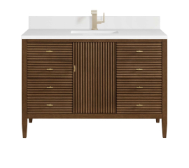 James Martin Vanities Myrrin 48 Inch Vanity, Mid Century Walnut with Single Hole 3 CM White Zeus Silestone Top & Backsplash