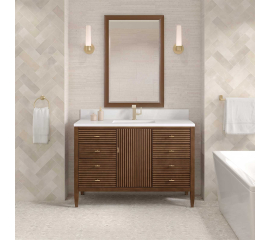 James Martin Vanities Myrrin 48 Inch Vanity, Mid Century Walnut with Single Hole 3 CM White Zeus Silestone Top & Backsplash