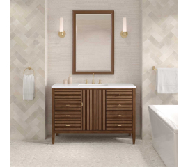 James Martin Vanities Myrrin 48" Single Basin Wood Vanity Set with 3cm White Zeus Silestone Quartz Vanity Top, Rectangular Sink and Electrical Outlet - 8" Faucet Centers