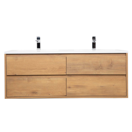 Bradford 54 Inch Contemporary Double Sink Wall Mounted Bathroom Vanity, Natural Oak