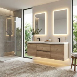 Angela 60" Wall Mounted Double Sink Vanity, Red Oak