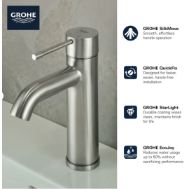 Grohe 23592GNA ESSENCE Single Hole Single-Handle S-Size Bathroom Faucet, 1.2 GPM (4.5 L/min) Brushed Cool SunriseGrohe 23592GNA ESSENCE Single Hole Single-Handle S-Size Bathroom Faucet, 1.2 GPM (4.5 L/min) Brushed Cool Sunrise