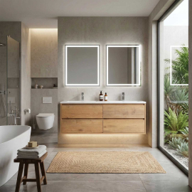 Bradford 54 Inch Contemporary Double Sink Wall Mounted Bathroom Vanity, Natural Oak