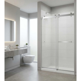Premium Frameless Dual-Sliding Shower  W66" x H77", 3/8" Thick Clear Glass, Chrome