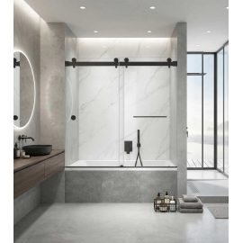 Sorene Frameless Double Sliding Bathtub Door, W60" x H66", Black, 3/8" Ultra Clear Low Iron Glass,Soft Closing