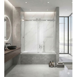 Sorene Frameless Double Sliding Bathtub Door, W60" x H66", Chrome, 3/8" Ultra Clear Low Iron Glass,Soft Closing