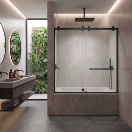 Scala Semi-Frameless Double Sliding Bathtub Door, W60" x H64", Ultra Clear Low Iron Glass, Matte Black