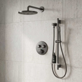GROHE Grohtherm SmartControl Thermostatic 2 Way Shower System with   Shower Head, Hand Shower, Shower Arm, Wall Supply Elbow, Valve Trim, and Rough in Hard Graphite