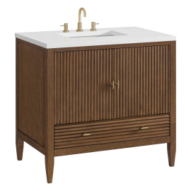 James Martin Vanities Myrrin 36" Single Basin Wood Vanity Set with 3cm White Zeus Silestone Quartz Vanity Top, Rectangular Sink and Electrical Outlet - 8" Faucet Centers