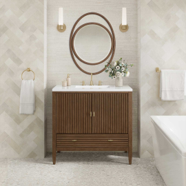 James Martin Vanities Myrrin 36" Single Basin Wood Vanity Set with 3cm White Zeus Silestone Quartz Vanity Top, Rectangular Sink and Electrical Outlet - 8" Faucet Centers