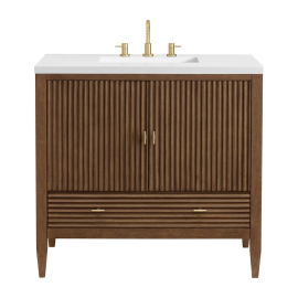 James Martin Vanities Myrrin 36" Single Basin Wood Vanity Set with 3cm White Zeus Silestone Quartz Vanity Top, Rectangular Sink and Electrical Outlet - 8" Faucet Centers