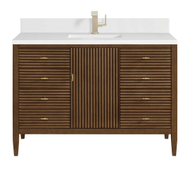James Martin Vanities Myrrin 48 Inch Vanity, Mid Century Walnut with Single Hole 3 CM White Zeus Silestone Top & Backsplash