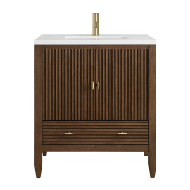 James Martin Vanities Myrrin 30" Free Standing Single Basin Hardwood Vanity Set with Stone Composite Top, Rectangular Sink, USB Port(s), and Electrical Outlet(s)