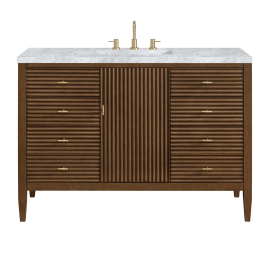 James Martin Vanities Myrrin 48" Single Basin Wood Vanity Set with 3cm Carrara White Marble Vanity Top, Rectangular Sink, USB Port and Electrical Outlet - 8" Faucet Centers