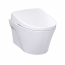 TOTO AP Wall-Hung 0.9 / 1.28 GPF Dual Flush Elongated Chair Height Toilet with Washlet+ S7 Bidet Seat in Cotton White, Duo-Fit Tank System, and Matte Silver Push Plate Flush