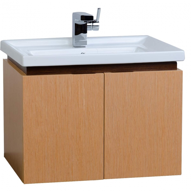 wall-mounted bathroom vanity in light wood