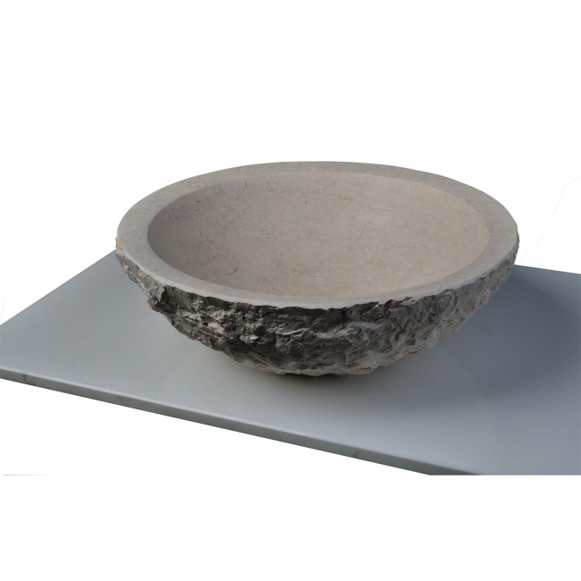 Maude Blue Stone Round Vessel Sink with Chiseled Exterior