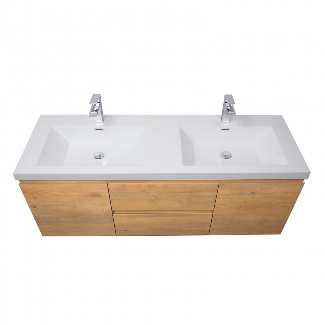 59" Angela Wall Mounted Modern Double Vanity, Natural Oak TN-AG1500-1D-NO