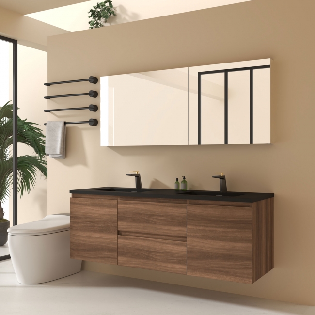 Edith 60" Wall-Mount Bathroom Double Vanity , Walnut, Black Top