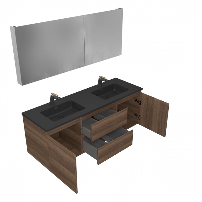 Edith 60" Wall-Mount Bathroom Double Vanity , Walnut, Black Top