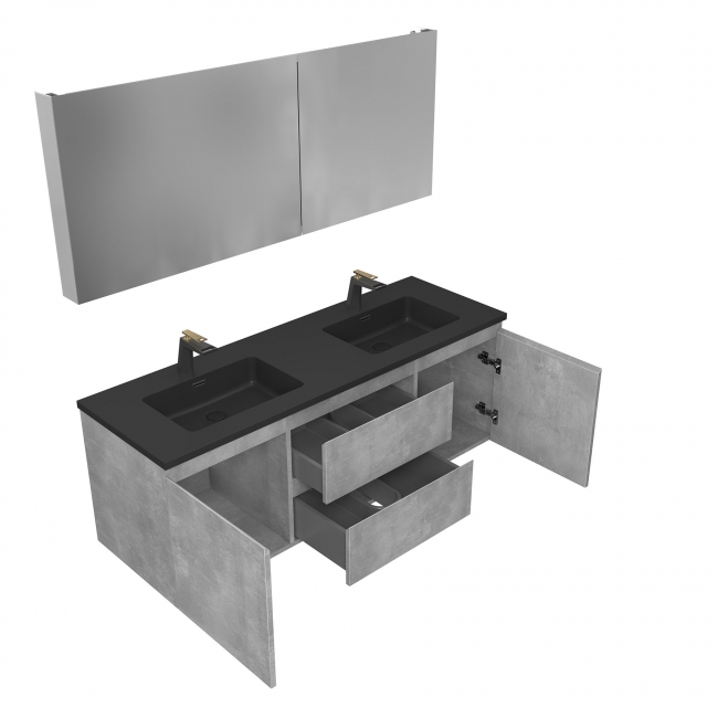 Edith 60" Wall-Mount Bathroom Double Vanity , Cement Grey, Black TopEdith 60" Wall-Mount Bathroom Double Vanity , Cement Grey, Black Top