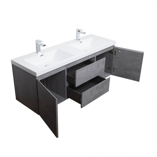 59" Angela Wall Mounted Modern Double Sink Vanity , Cement Grey