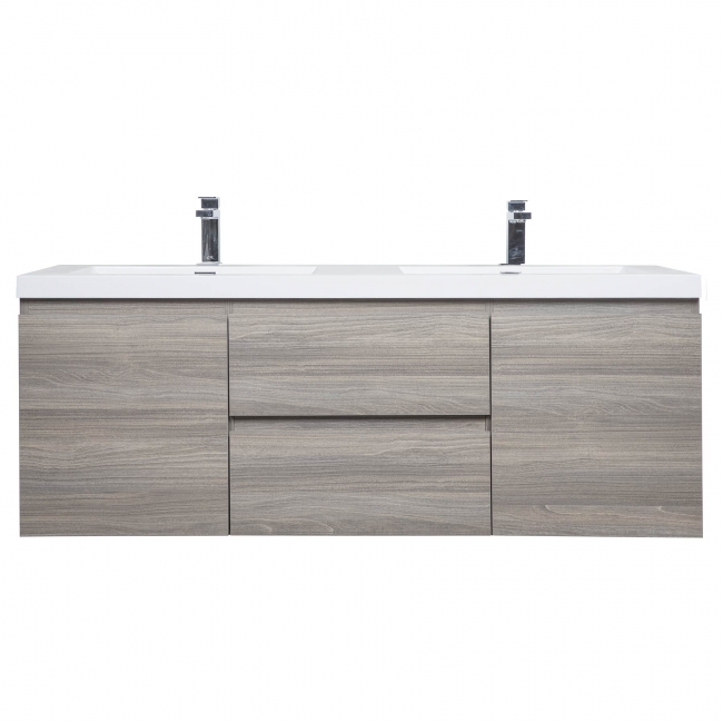 59" Angela Wall Mounted Modern Double Sink Vanity , Maple Grey
