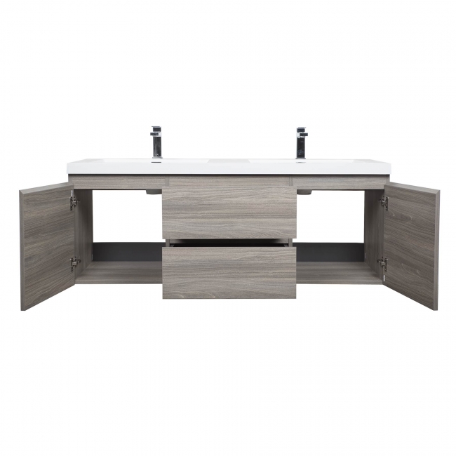 59" Angela Wall Mounted Modern Double Sink Vanity , Maple Grey