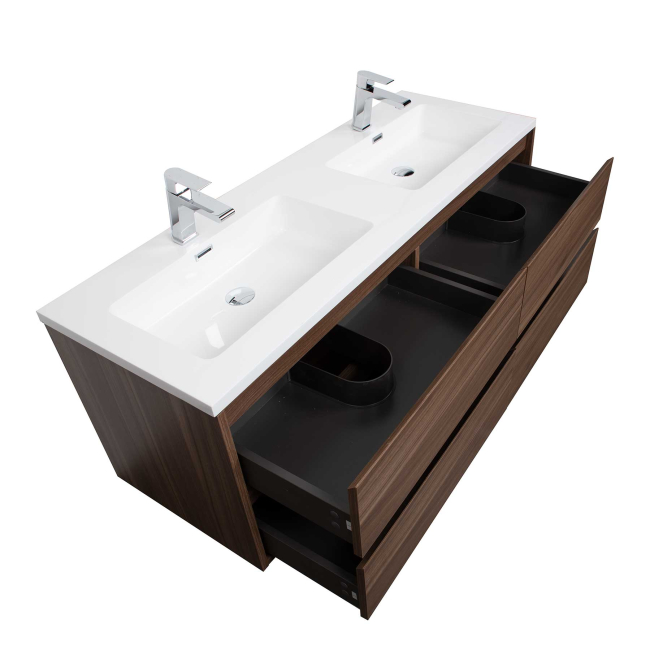 Bradford 54" Contemporary Double Sink Wall Mounted Bathroom Vanity, Walnut