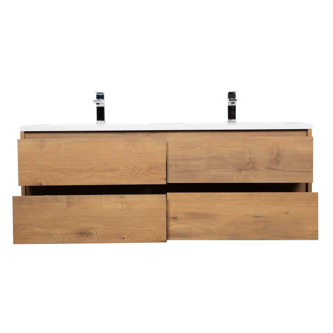Bradford 54 Inch Contemporary Double Sink Wall Mounted Bathroom Vanity, Natural Oak
