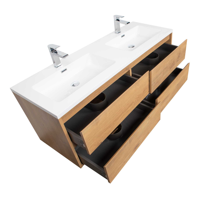 Bradford 54 Inch Contemporary Double Sink Wall Mounted Bathroom Vanity, Natural Oak