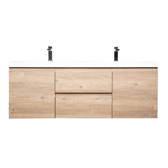 Angela 60" Wall Mounted Double Sink Vanity, Red Oak