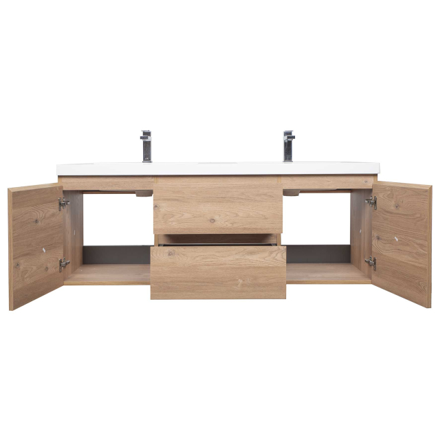 Angela 60" Wall Mounted Double Sink Vanity, Red Oak